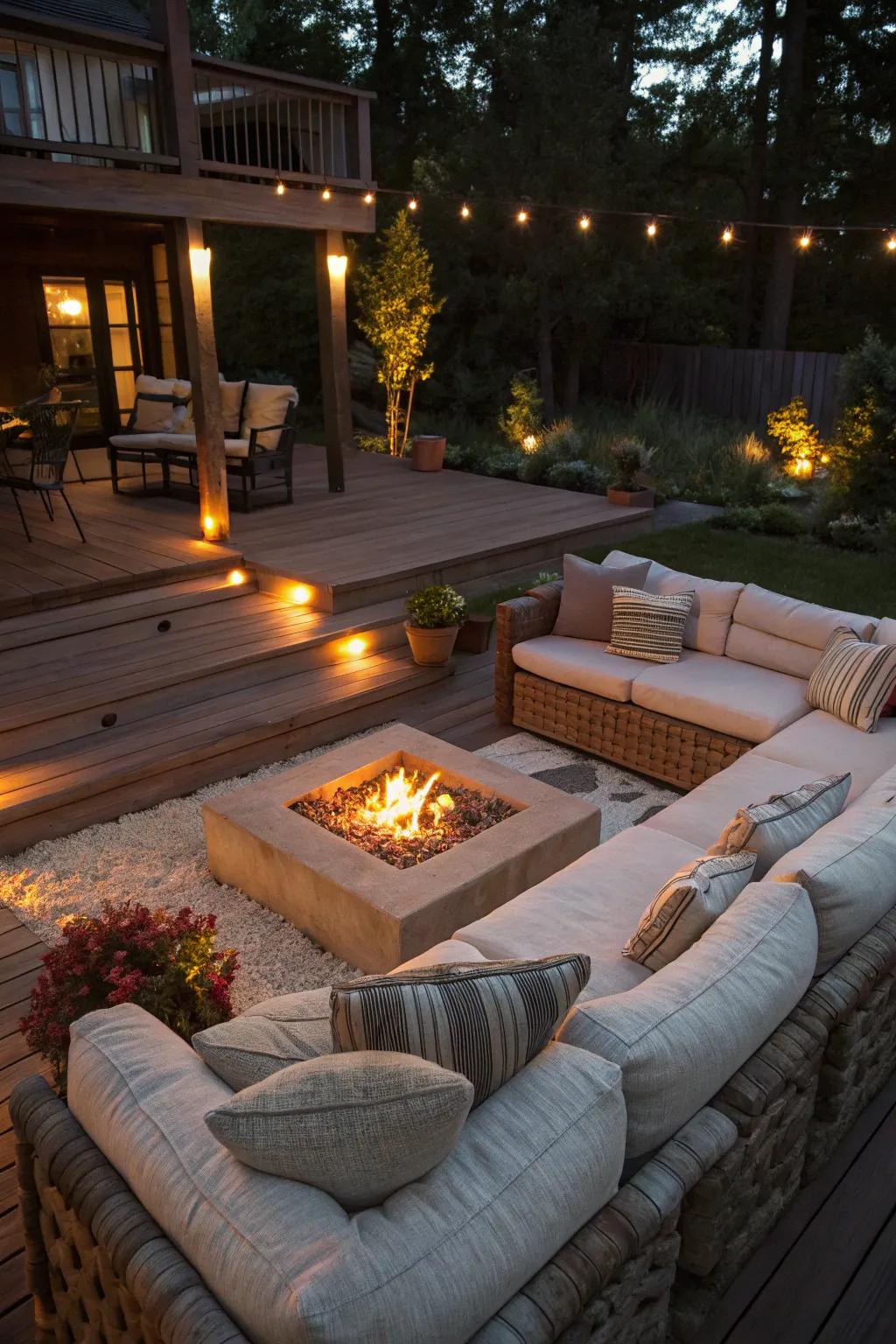 A cozy sunken fire pit area offering a secluded retreat.