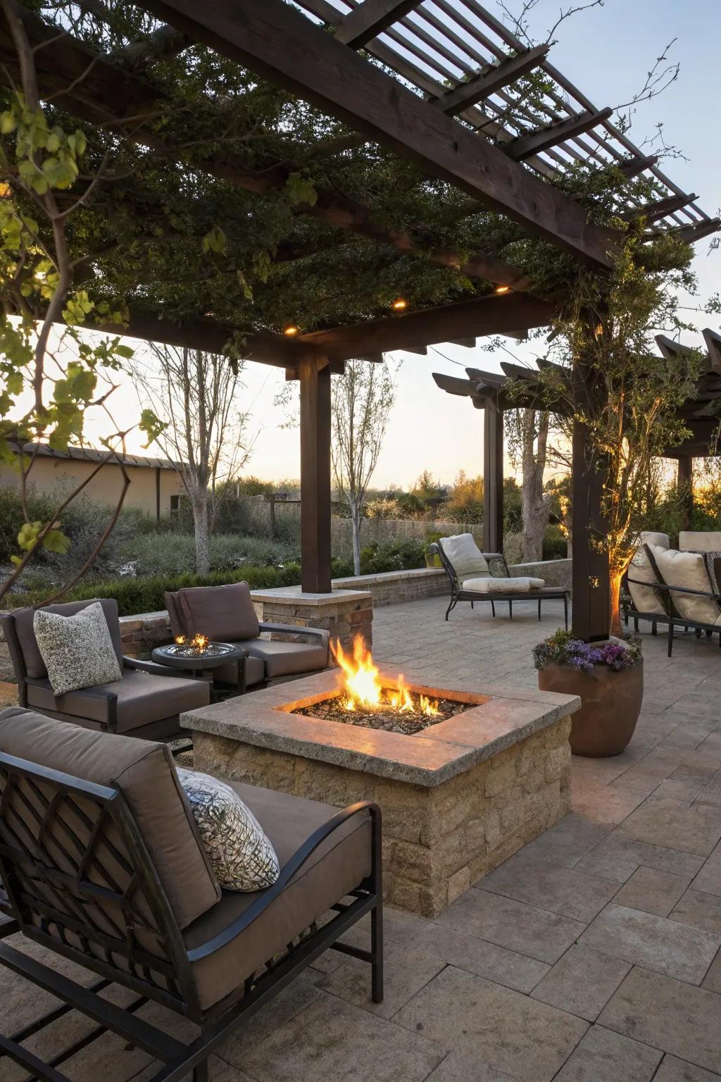 A shaded fire pit area with a stylish pergola overhead.