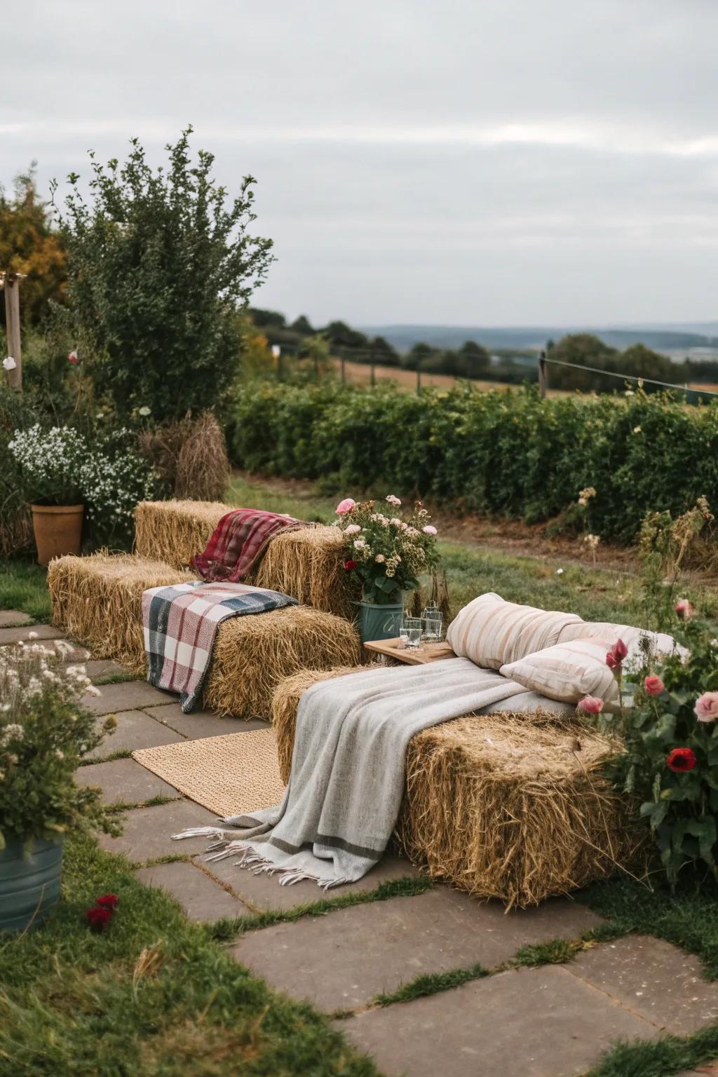 Hay bales add rustic charm and are surprisingly comfortable with the right coverings.