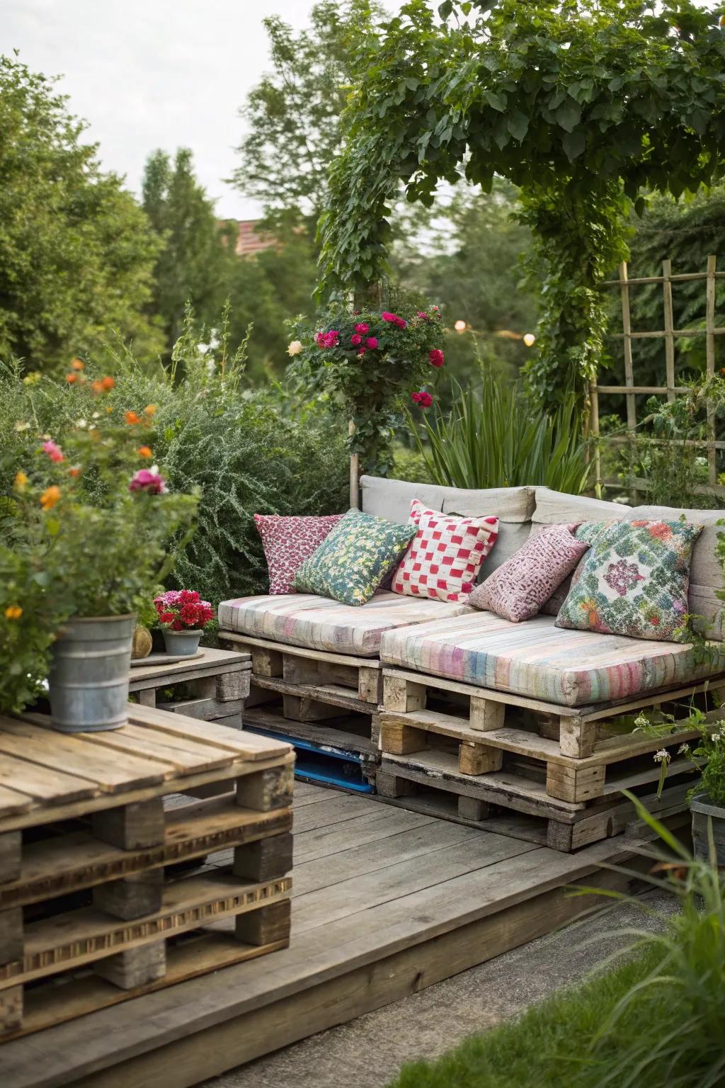 Pallet seating offers a charming, DIY touch to any outdoor party.