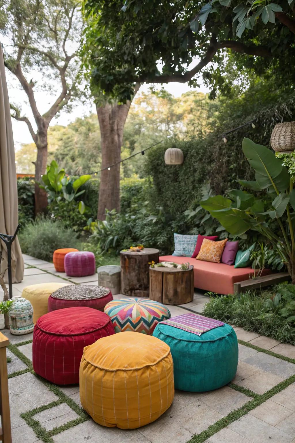 Poufs and ottomans offer flexible seating options that guests love.