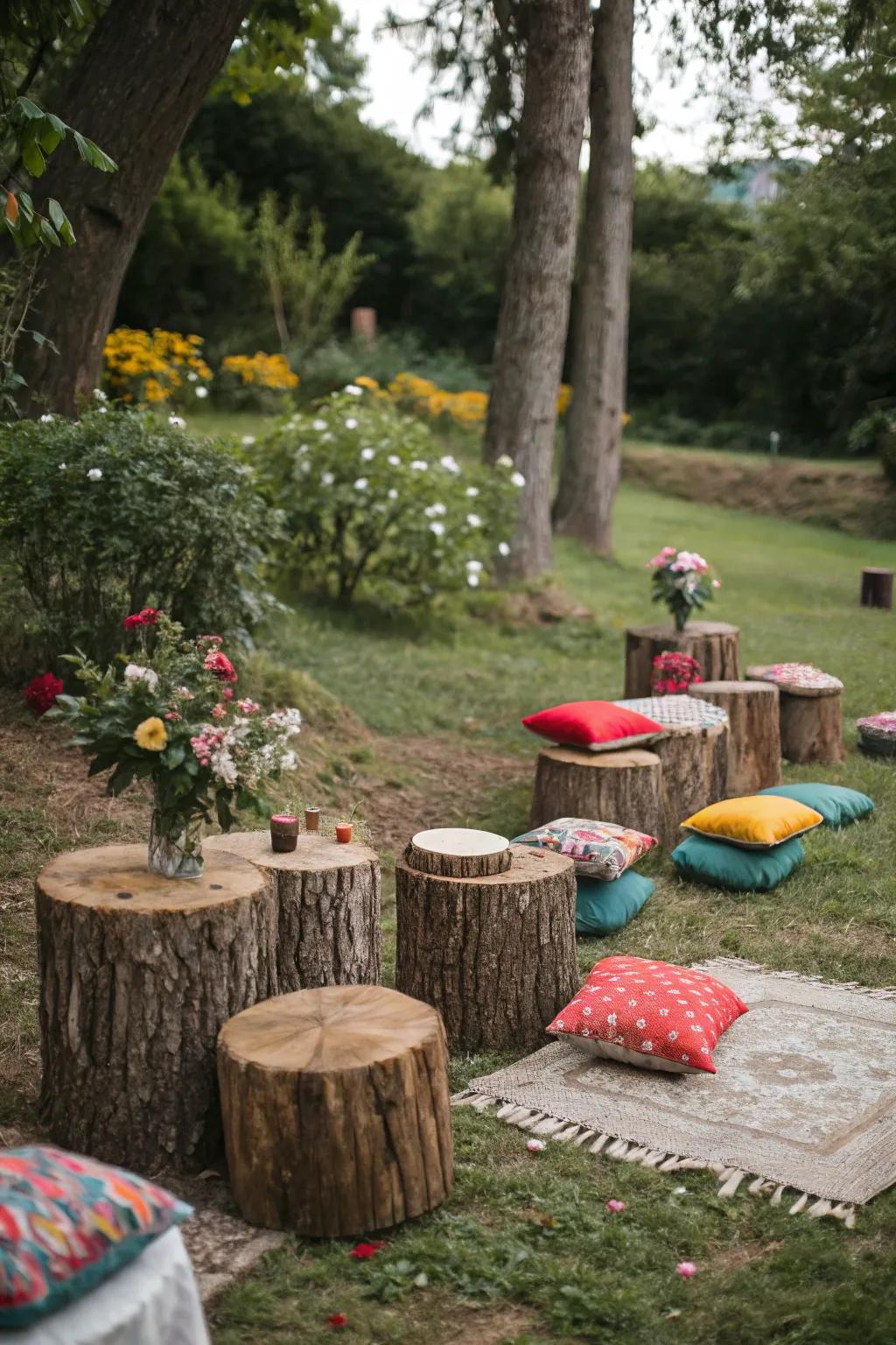 Tree stumps offer a unique, nature-inspired seating option.