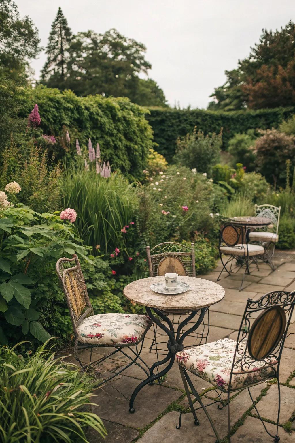 Upcycled furniture brings unique charm and sustainability to your outdoor setup.