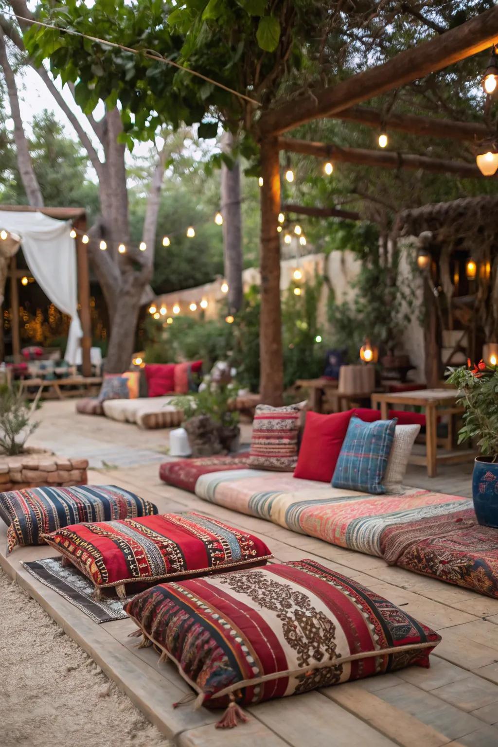 Low, cushioned seating adds a touch of bohemian flair to your outdoor event.