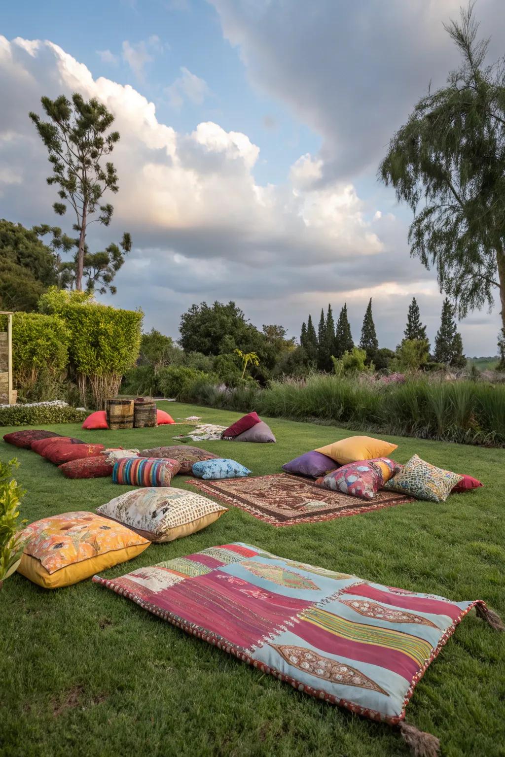 Cushions and rugs create a cozy, informal atmosphere that's perfect for lounging.