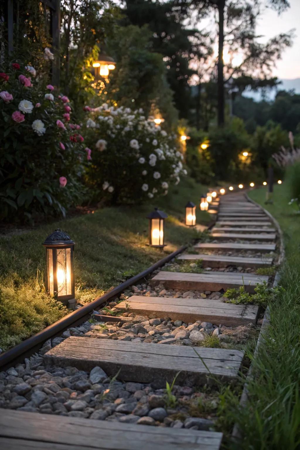 Nighttime ambiance created by lighting along a railroad tie walkway