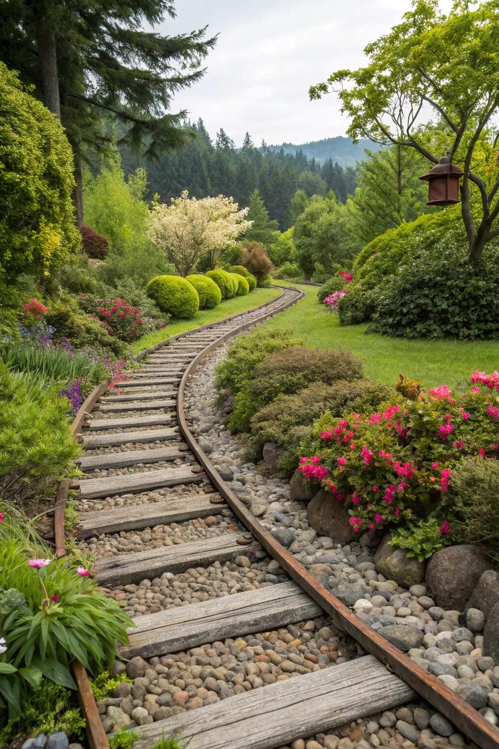 Stone and railroad tie combination creating beautiful garden path