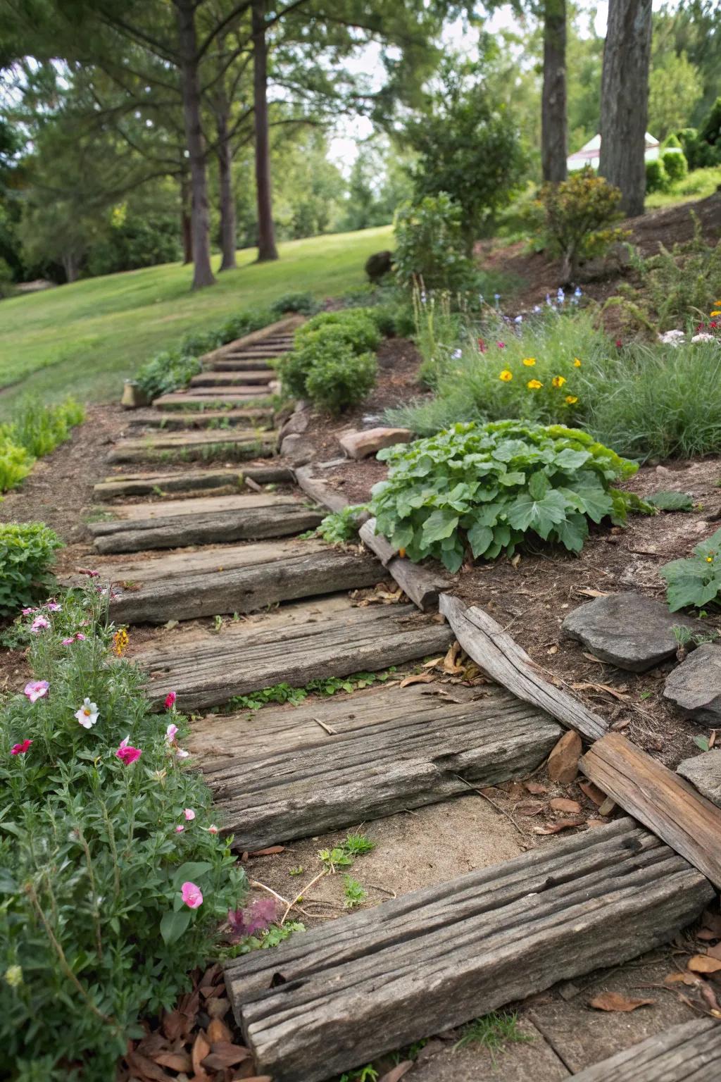 Depth and texture created by layering railroad ties