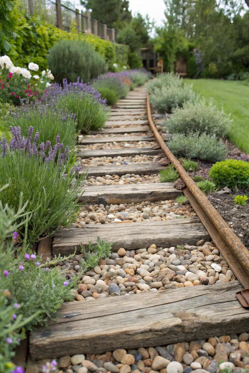 Railroad ties incorporated into a sensory garden for tactile interest