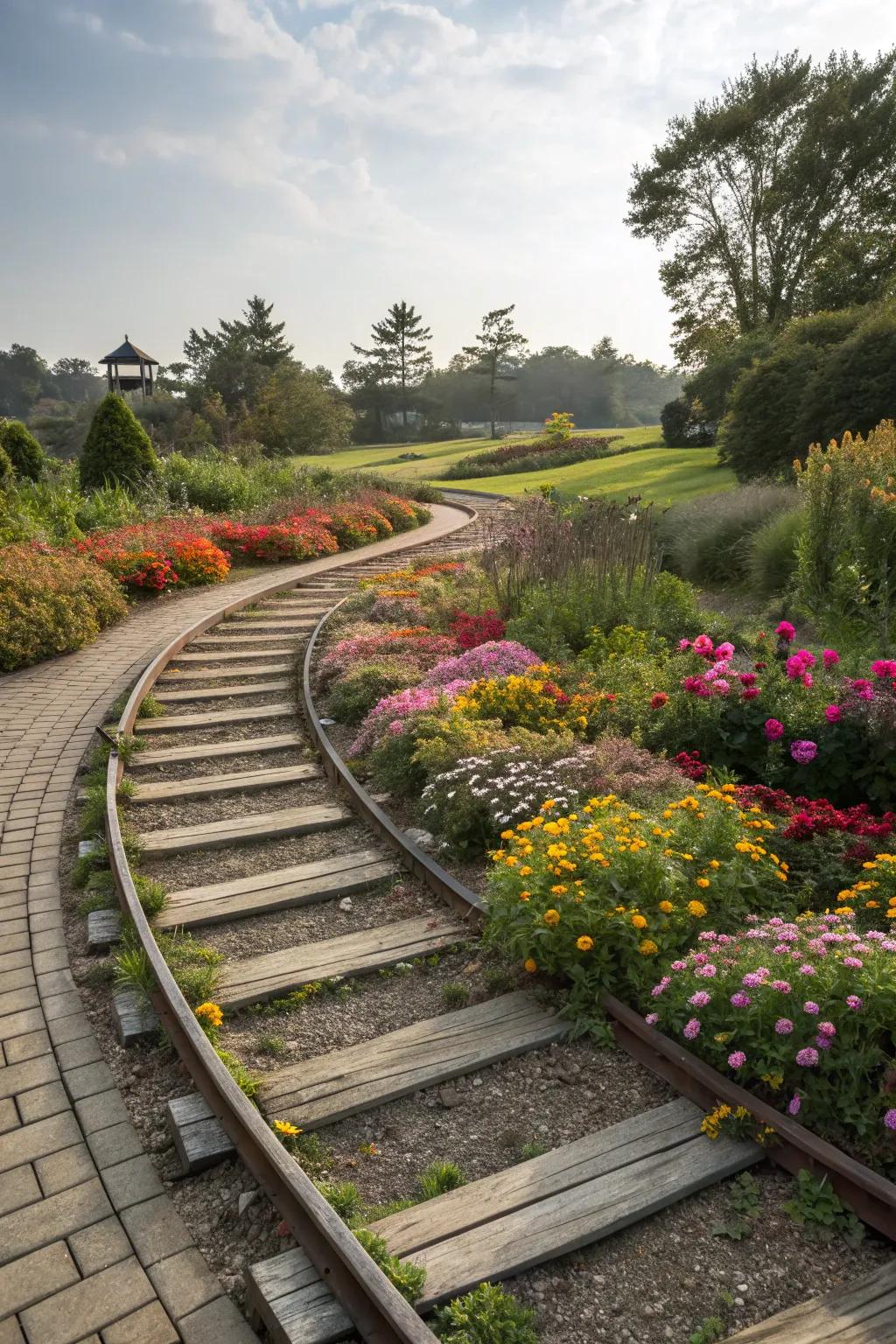 Curved garden walkway built with railroad ties