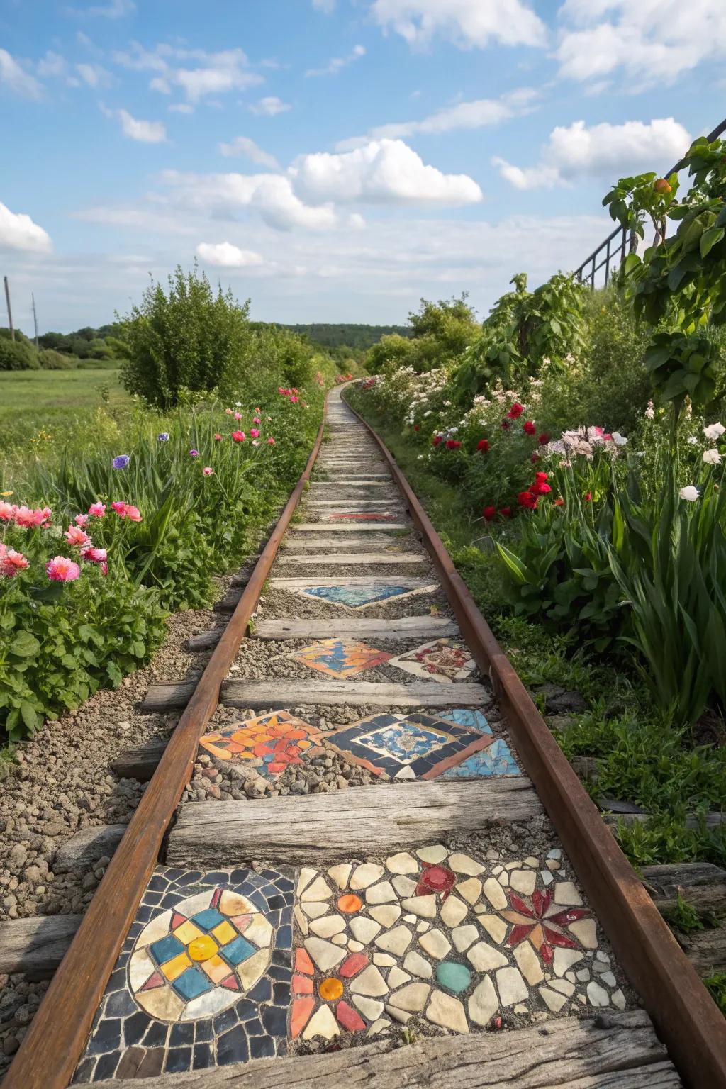Mosaic garden path framed with railroad ties