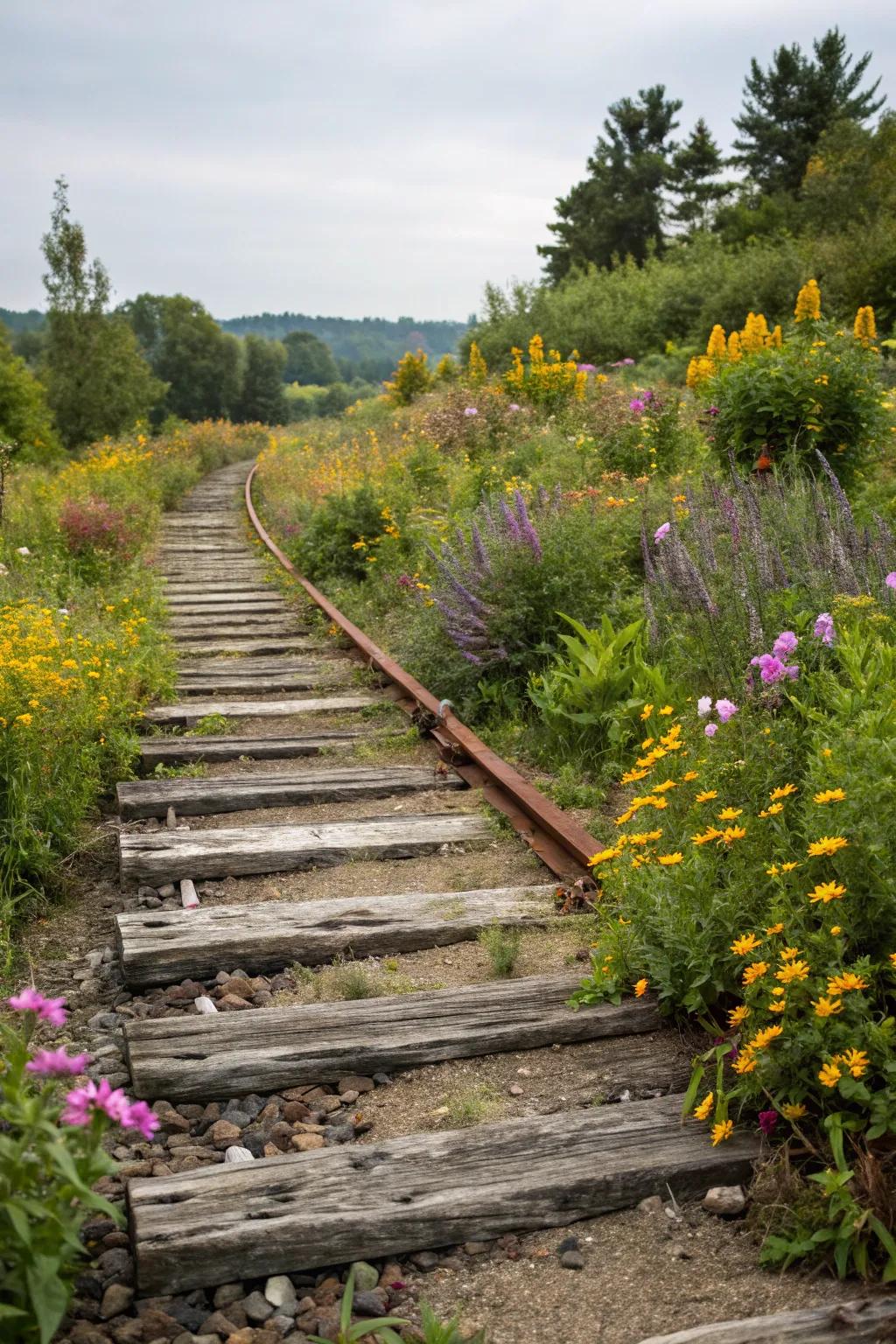 Rustic appeal of weathered railroad ties in garden design