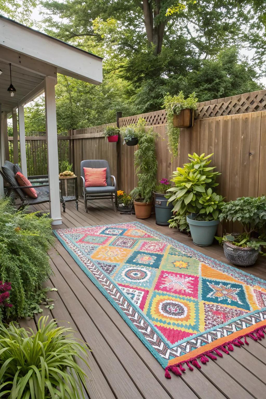 An outdoor rug adds color and coziness to a side deck.