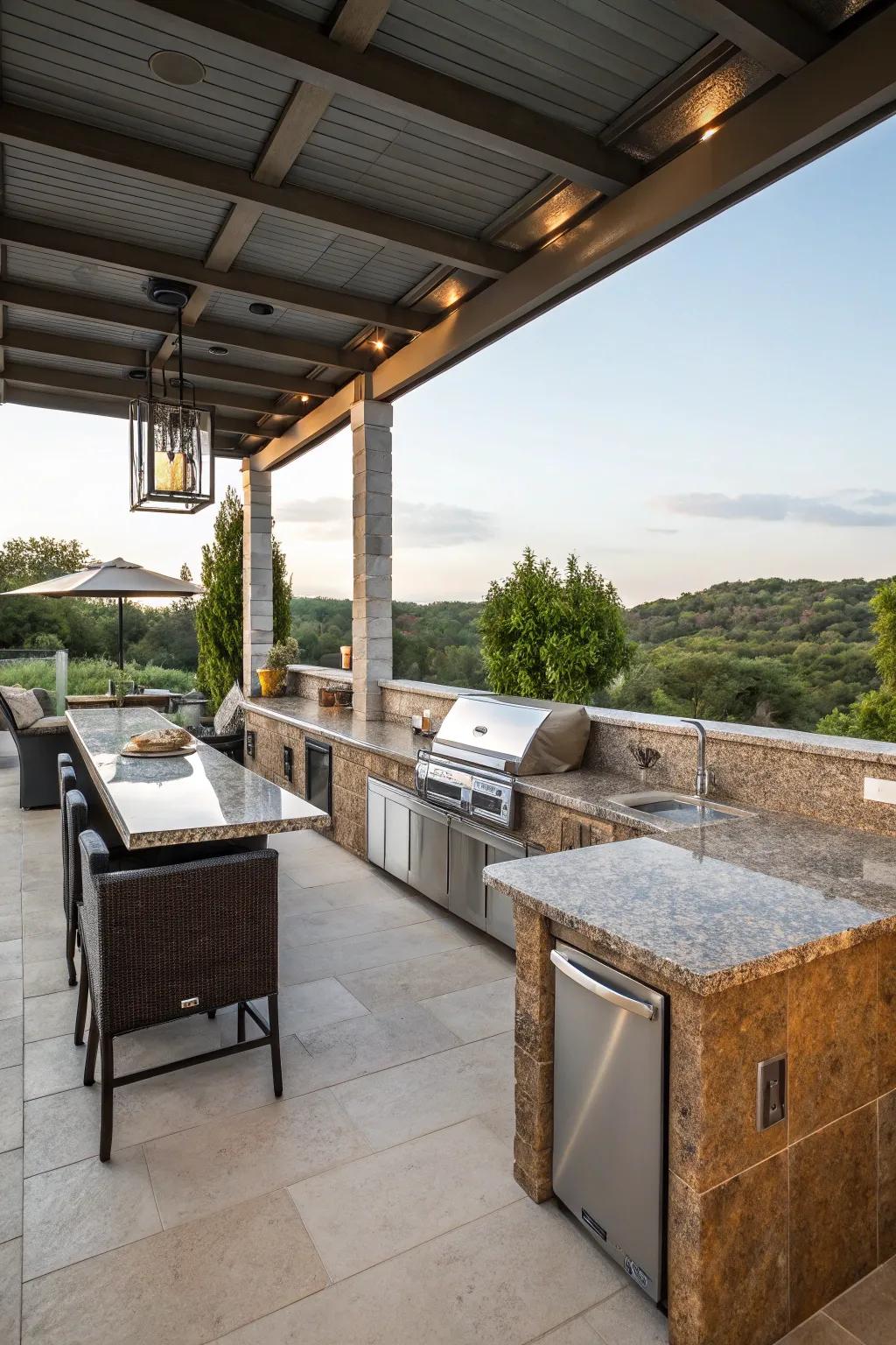 Expansive countertops offer ample space for cooking and serving.