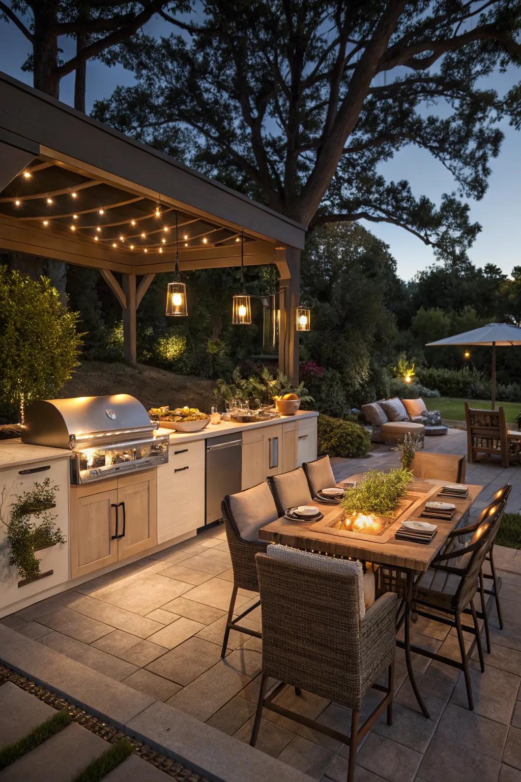 Lighting transforms your outdoor kitchen into a nighttime paradise.