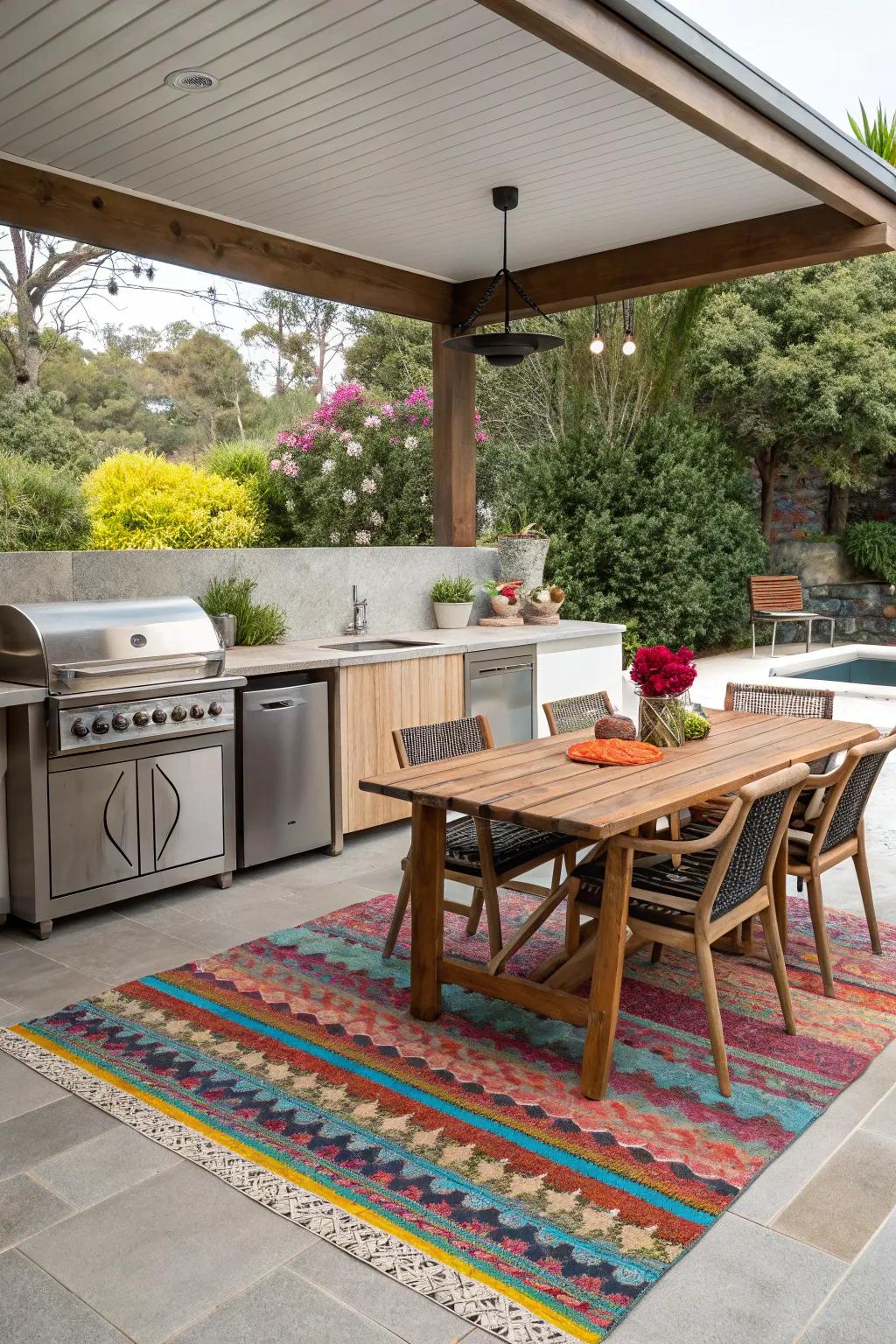Outdoor rugs bring color and comfort to kitchens.