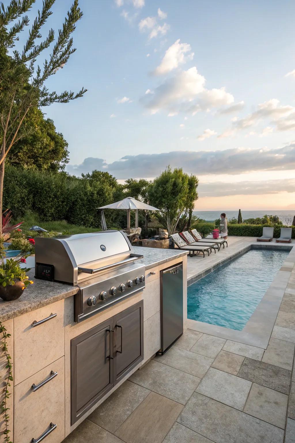 Water views add tranquility and beauty to outdoor cooking spaces.