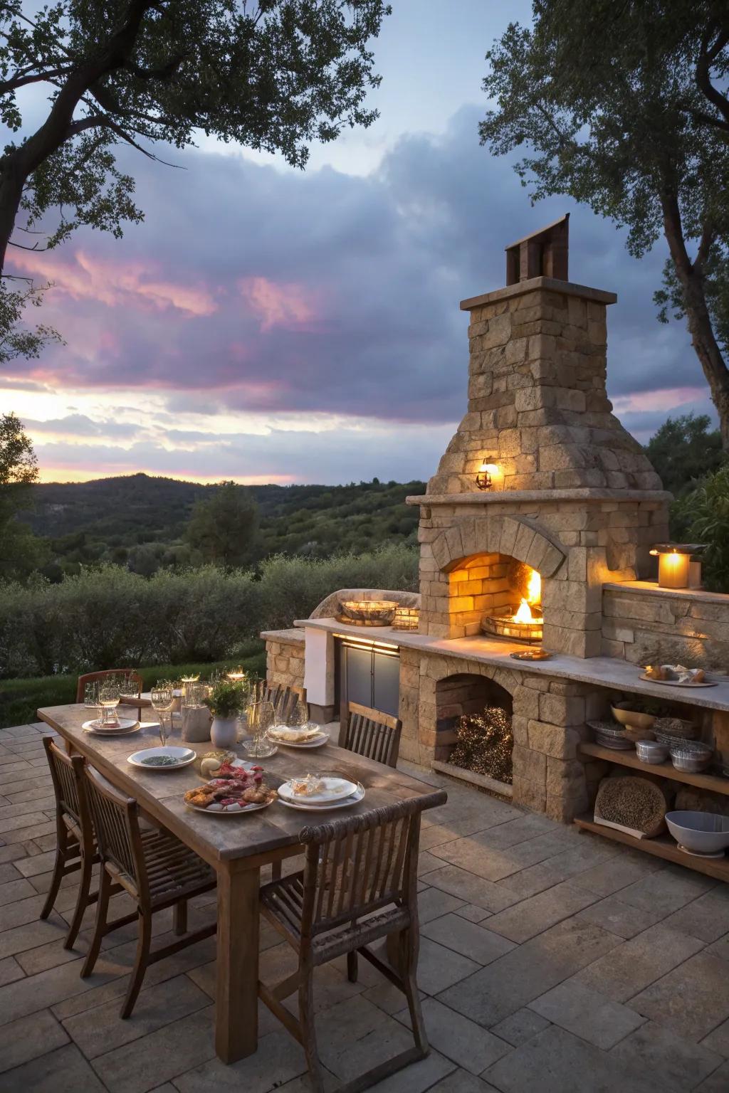 Fireplaces add warmth and charm to any outdoor kitchen.