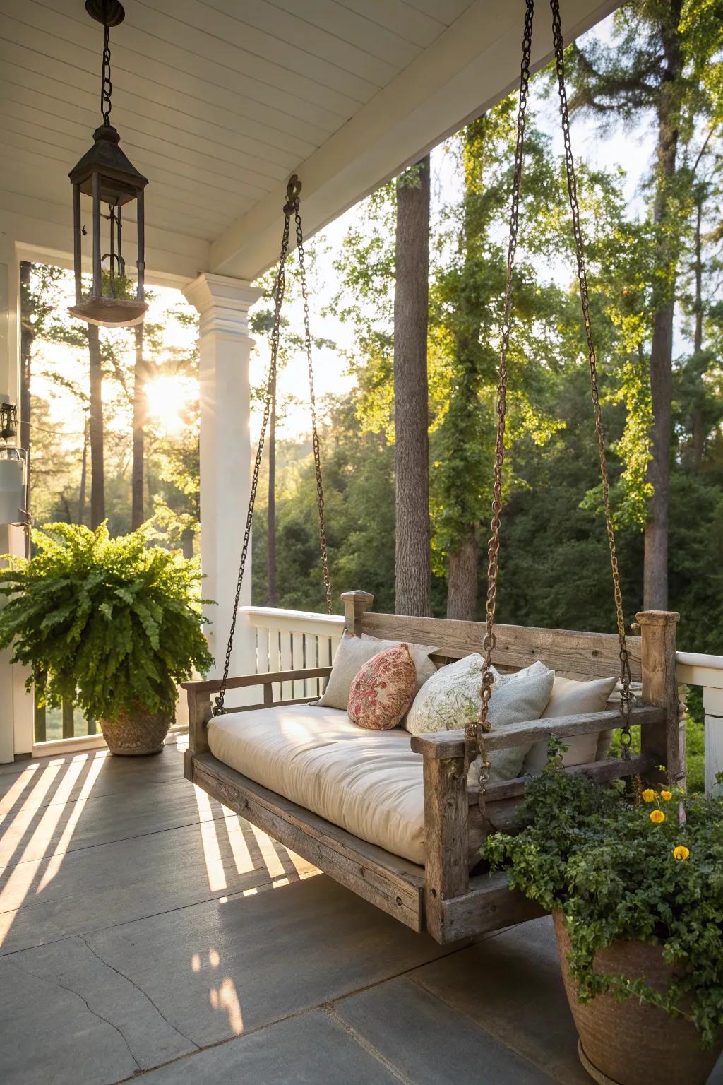 A rustic wooden swing bed adds warmth and charm to your porch.