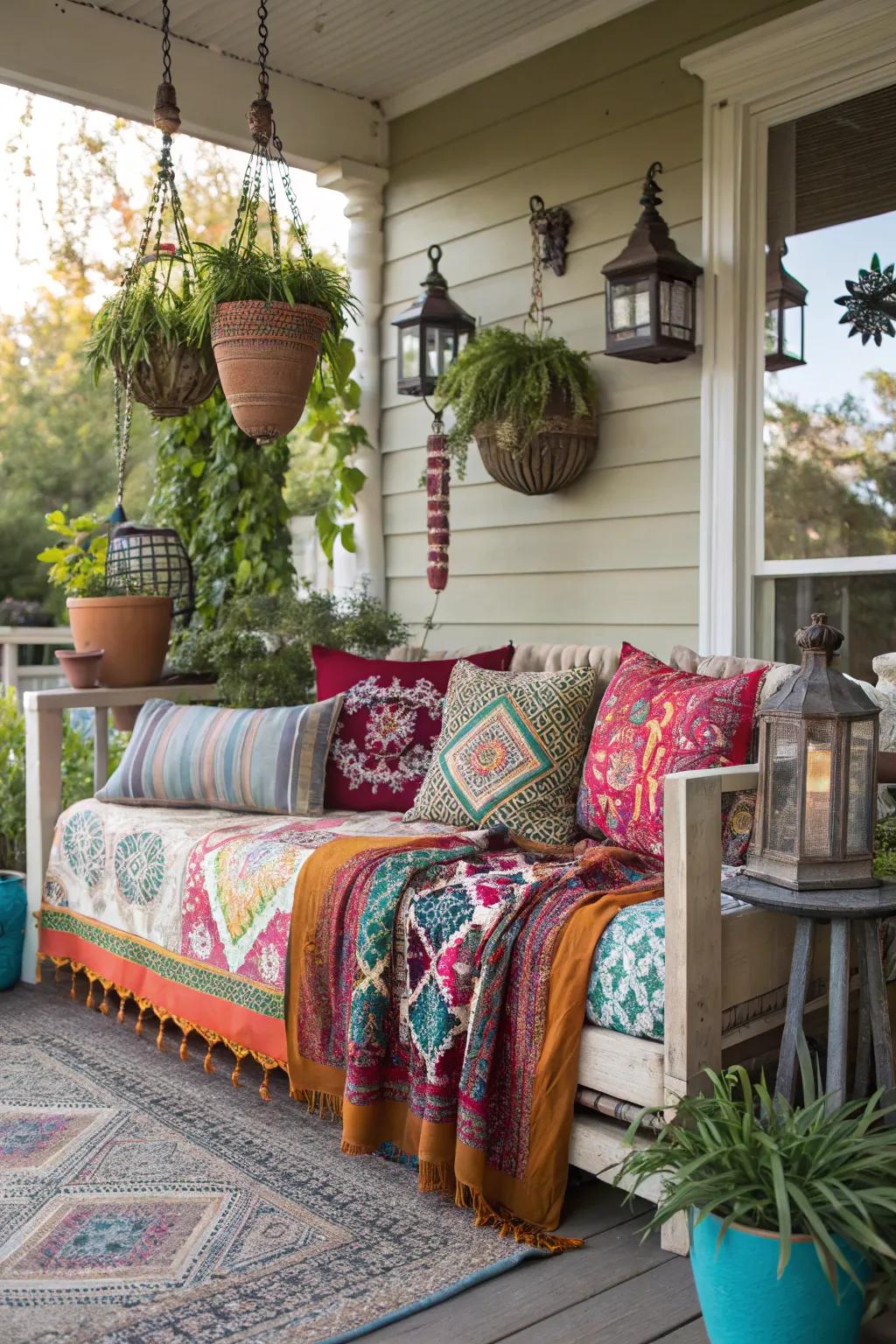 Bohemian textiles create a vibrant, eclectic porch bed.
