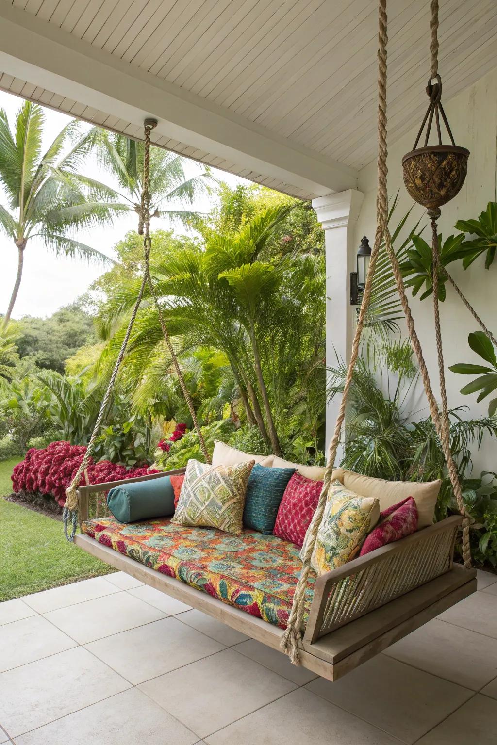 A hammock-style porch bed brings a fun, laid-back vibe.