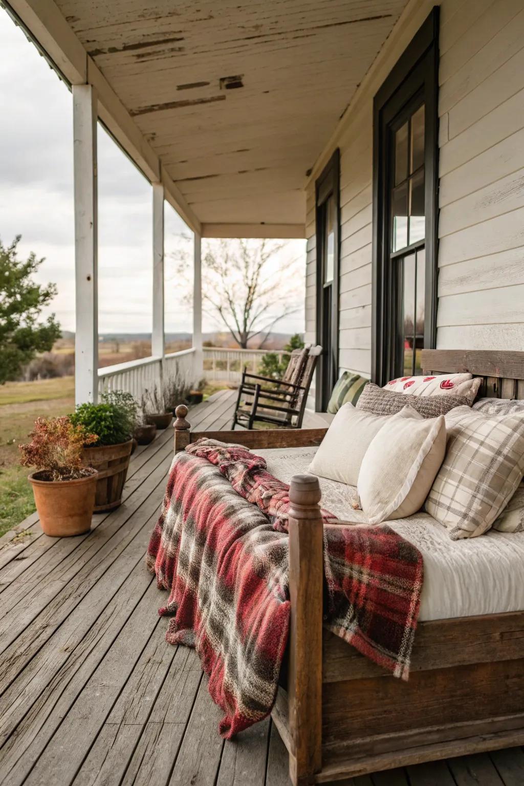 Distressed wood and plaid bring rustic farmhouse charm.