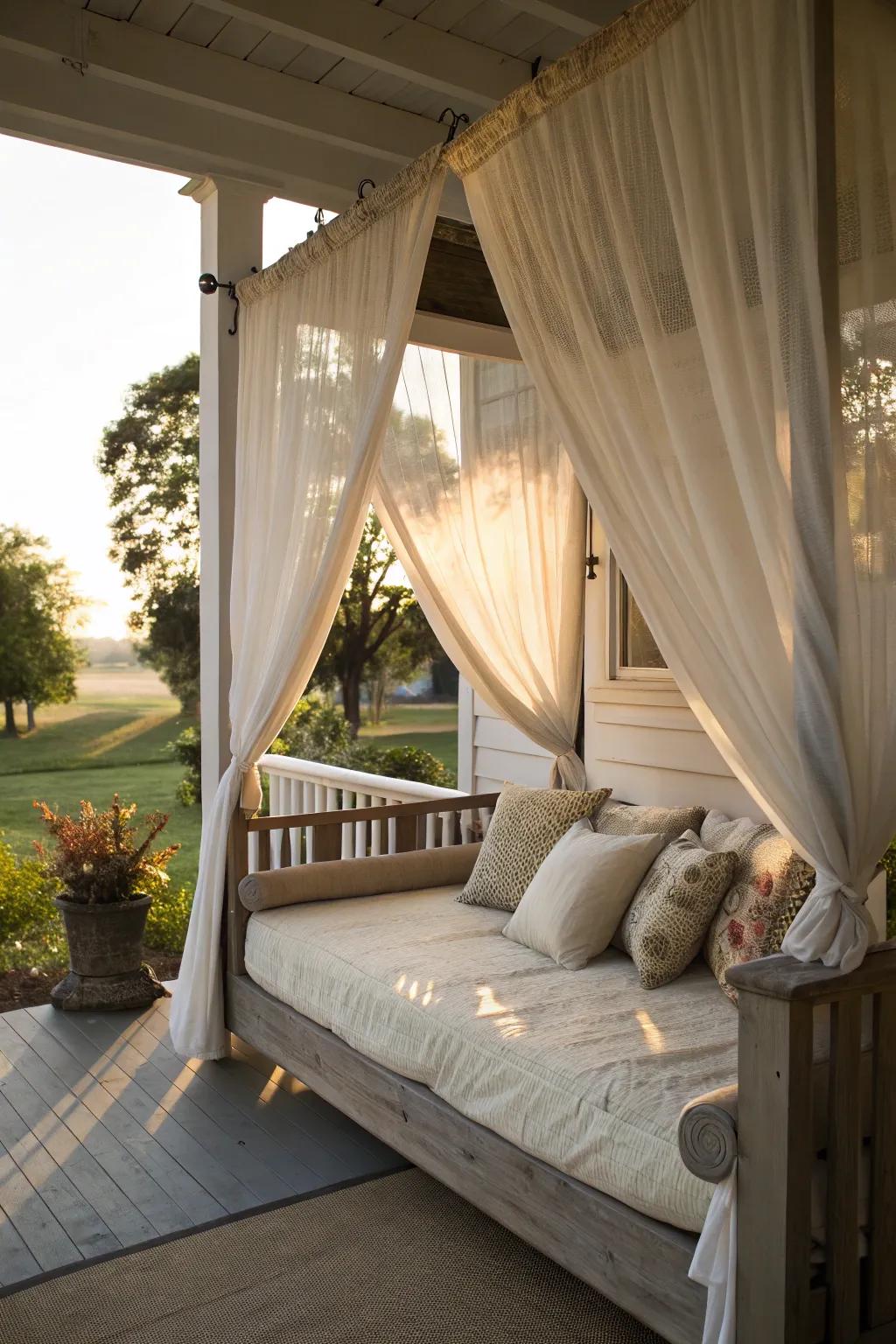 A canopy adds privacy and elegance to your porch bed.