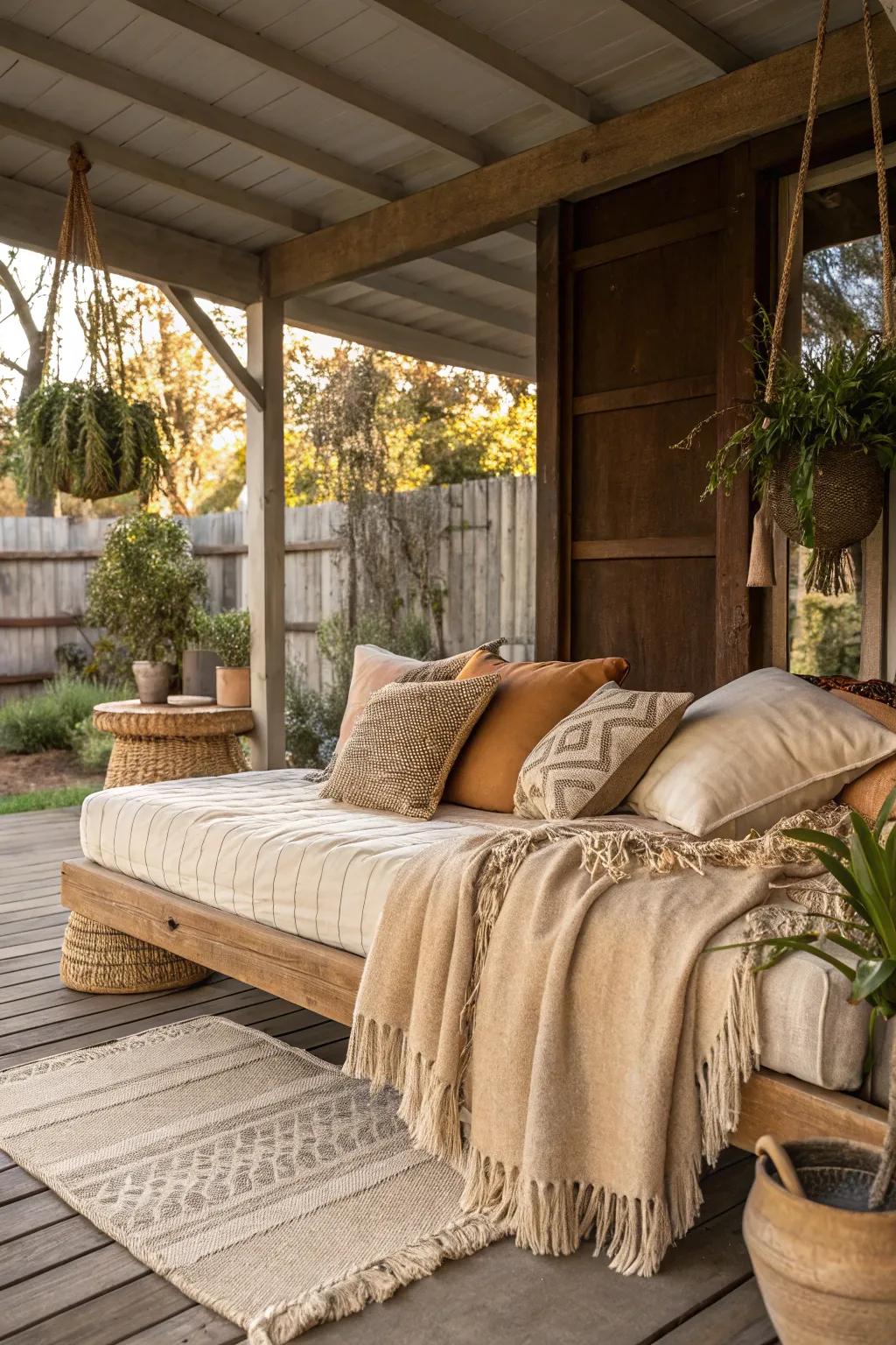 Earthy tones and textures create a warm, grounded porch bed.