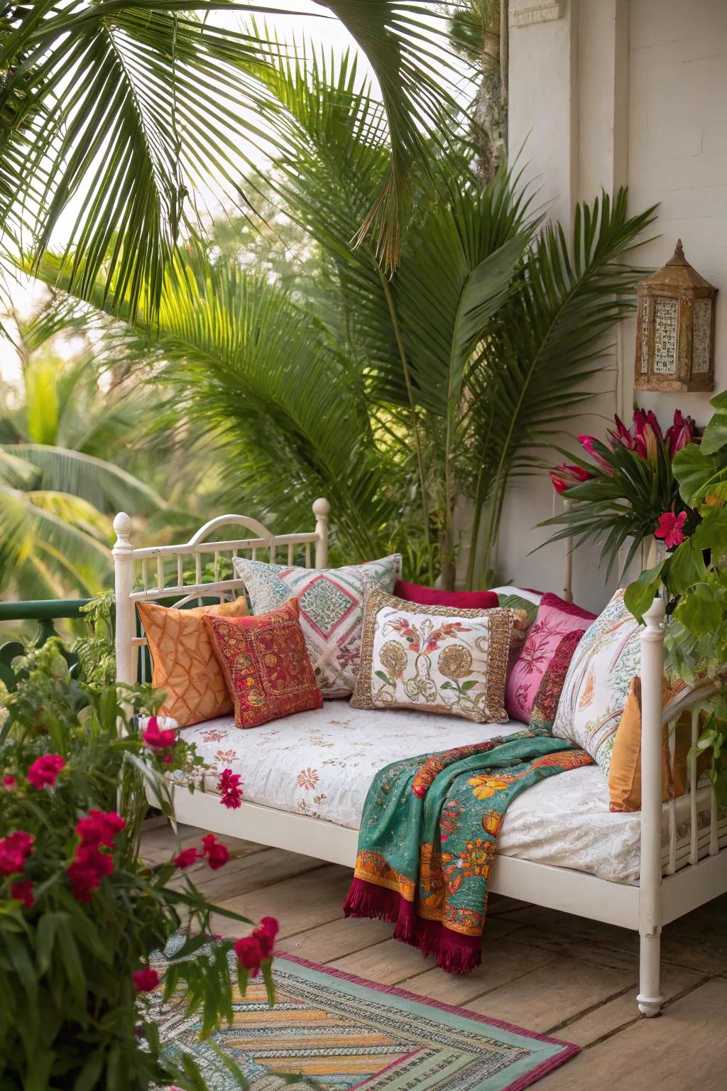 Palm plants turn your porch bed into a tropical paradise.