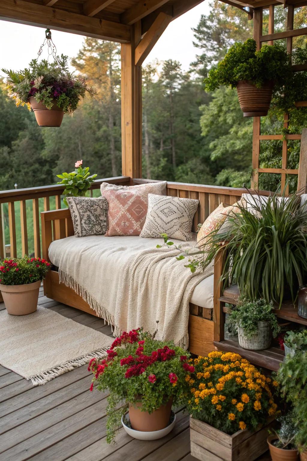 Natural elements enhance the serene atmosphere of a porch bed.