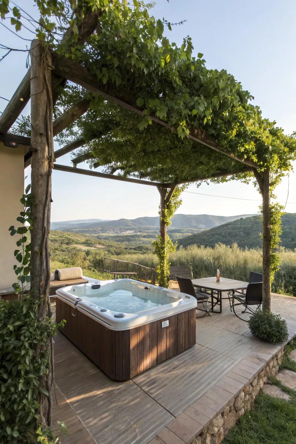 An open-air pergola offering breathtaking views from the hot tub.