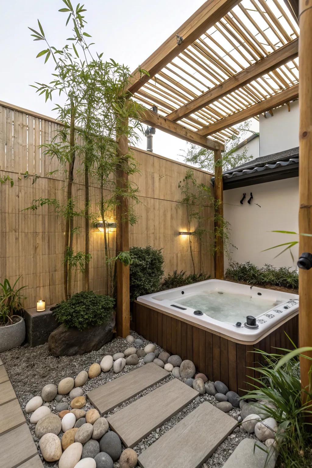 A Japanese-inspired pergola creating a tranquil zen atmosphere over a hot tub.