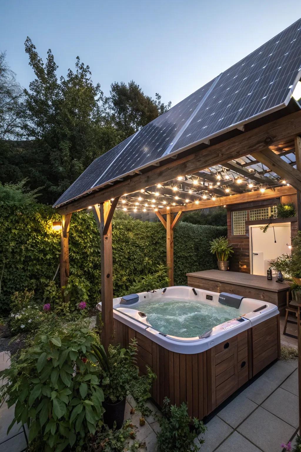 A solar-powered pergola providing sustainable energy solutions for a hot tub space.