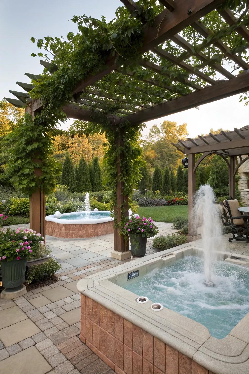 A pergola enhanced with water features for a soothing hot tub environment.