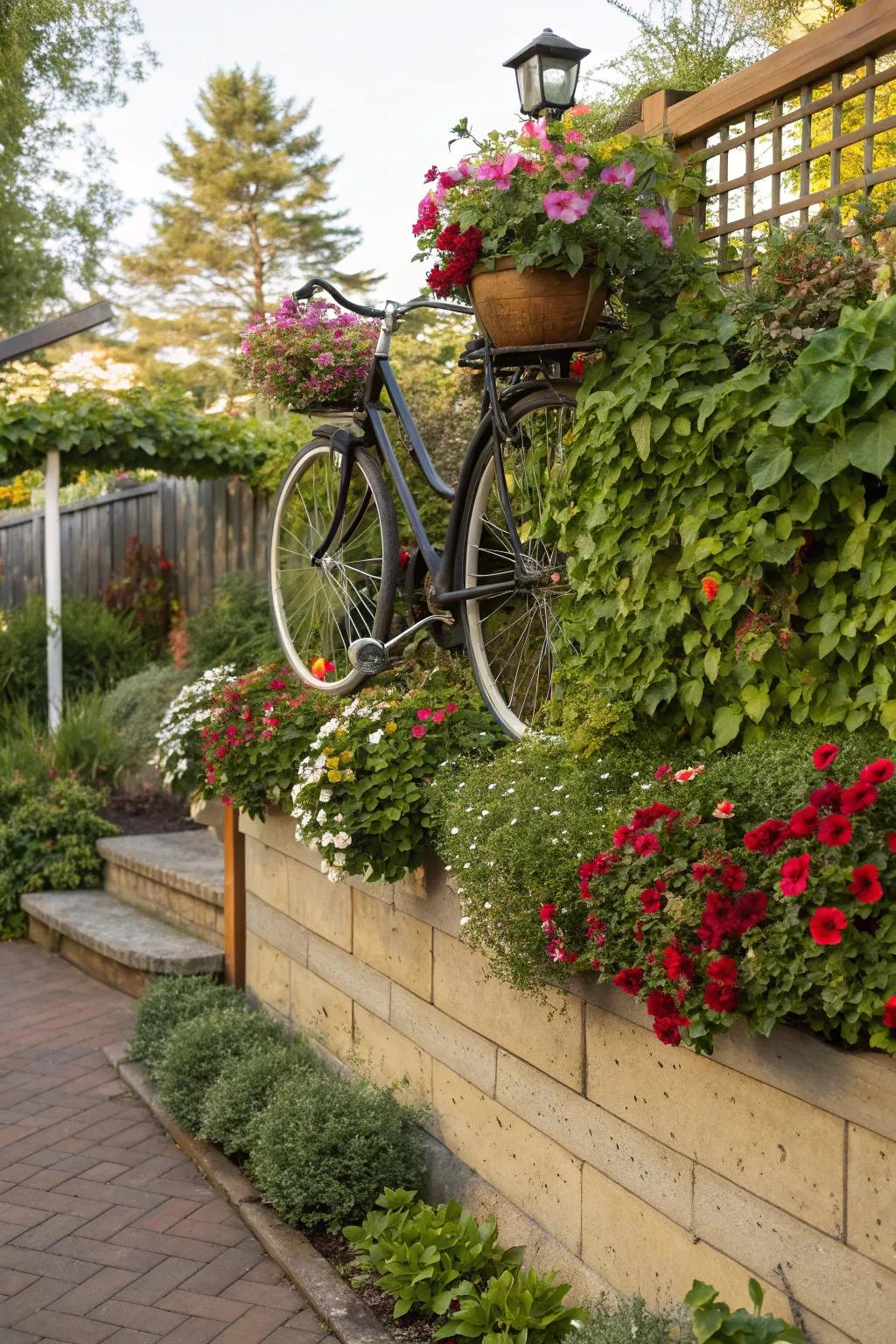 A vertical bicycle garden adds height and interest.