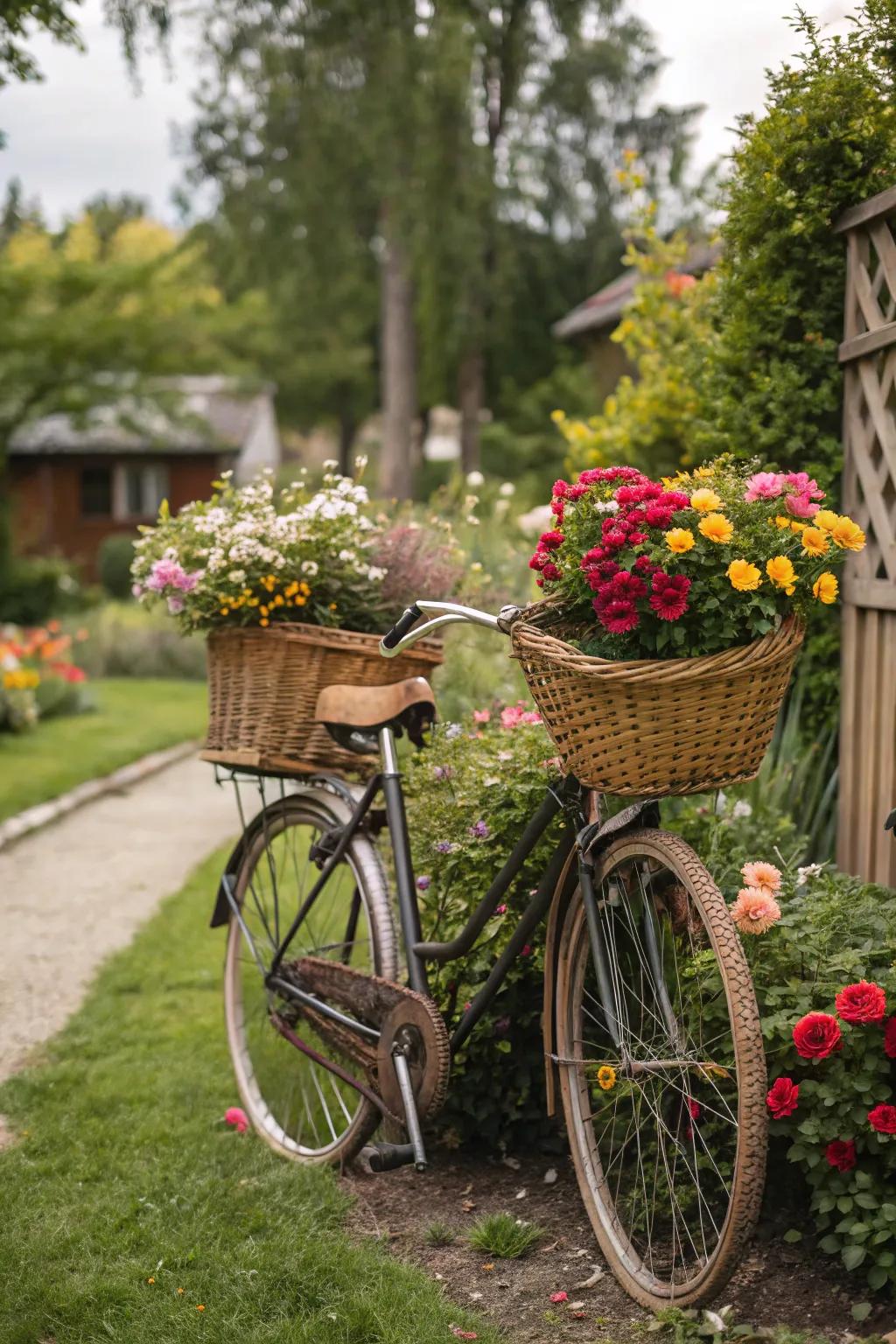 A charming bicycle planter overflowing with vibrant blooms.