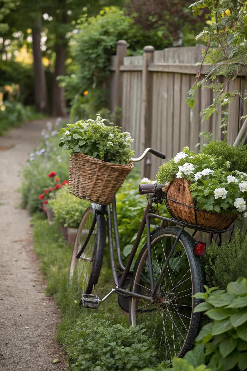 A bicycle herb garden is both practical and charming.