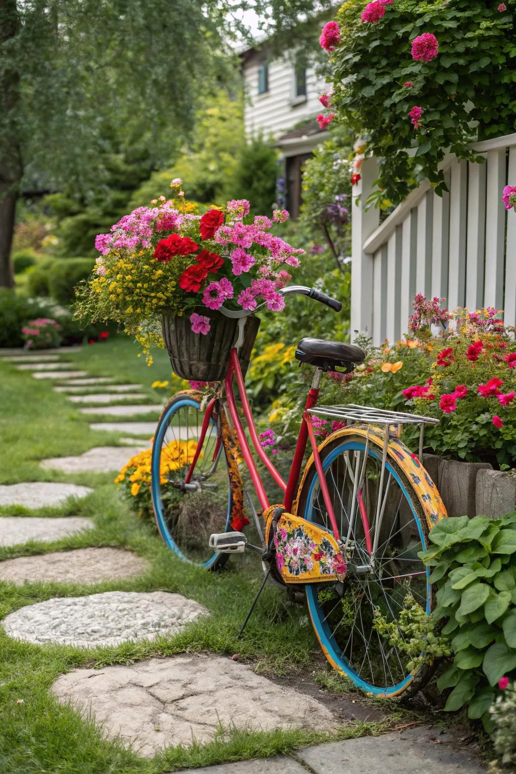 A striking bicycle art installation in the garden.