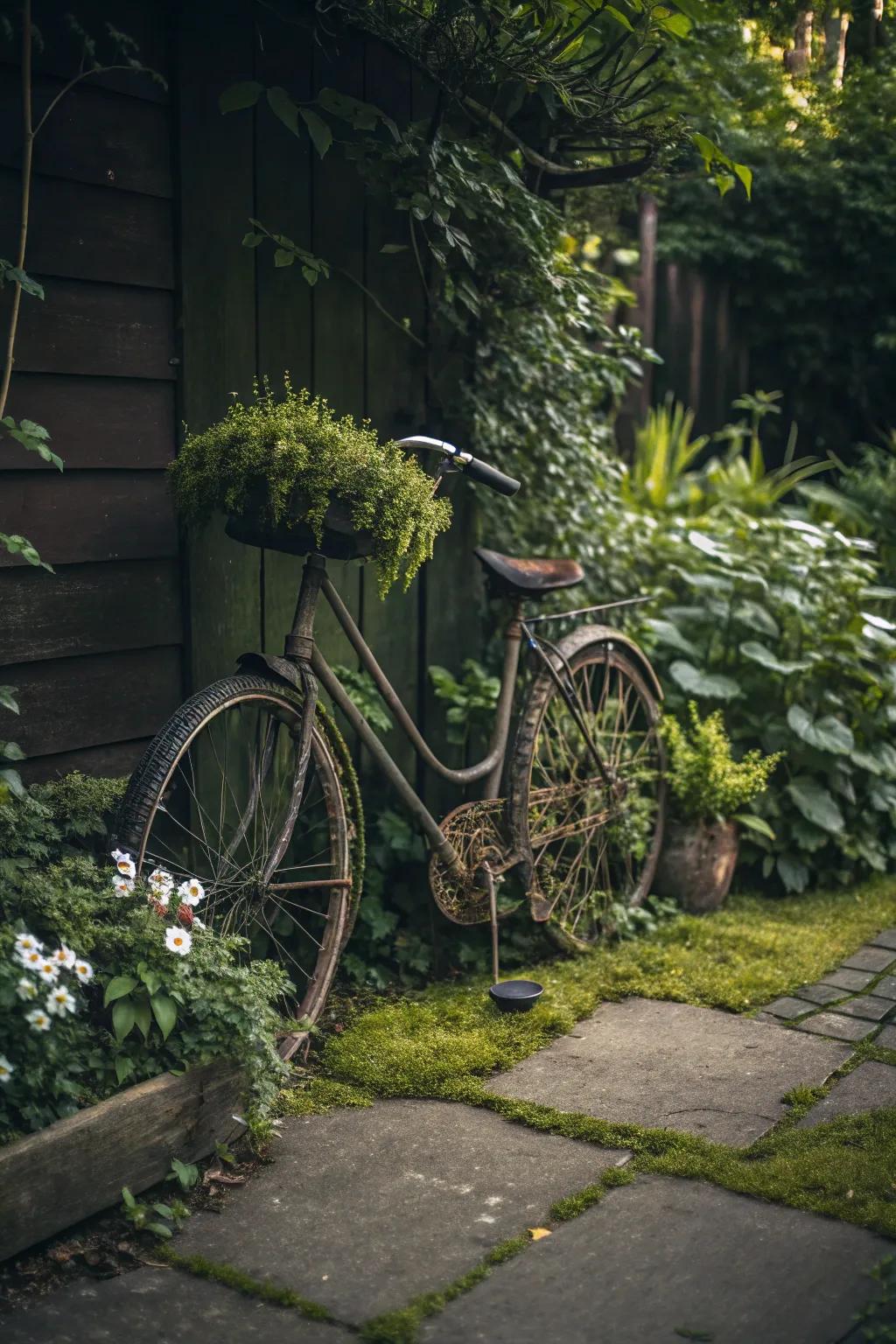 A moss-covered bicycle for a tranquil garden vibe.