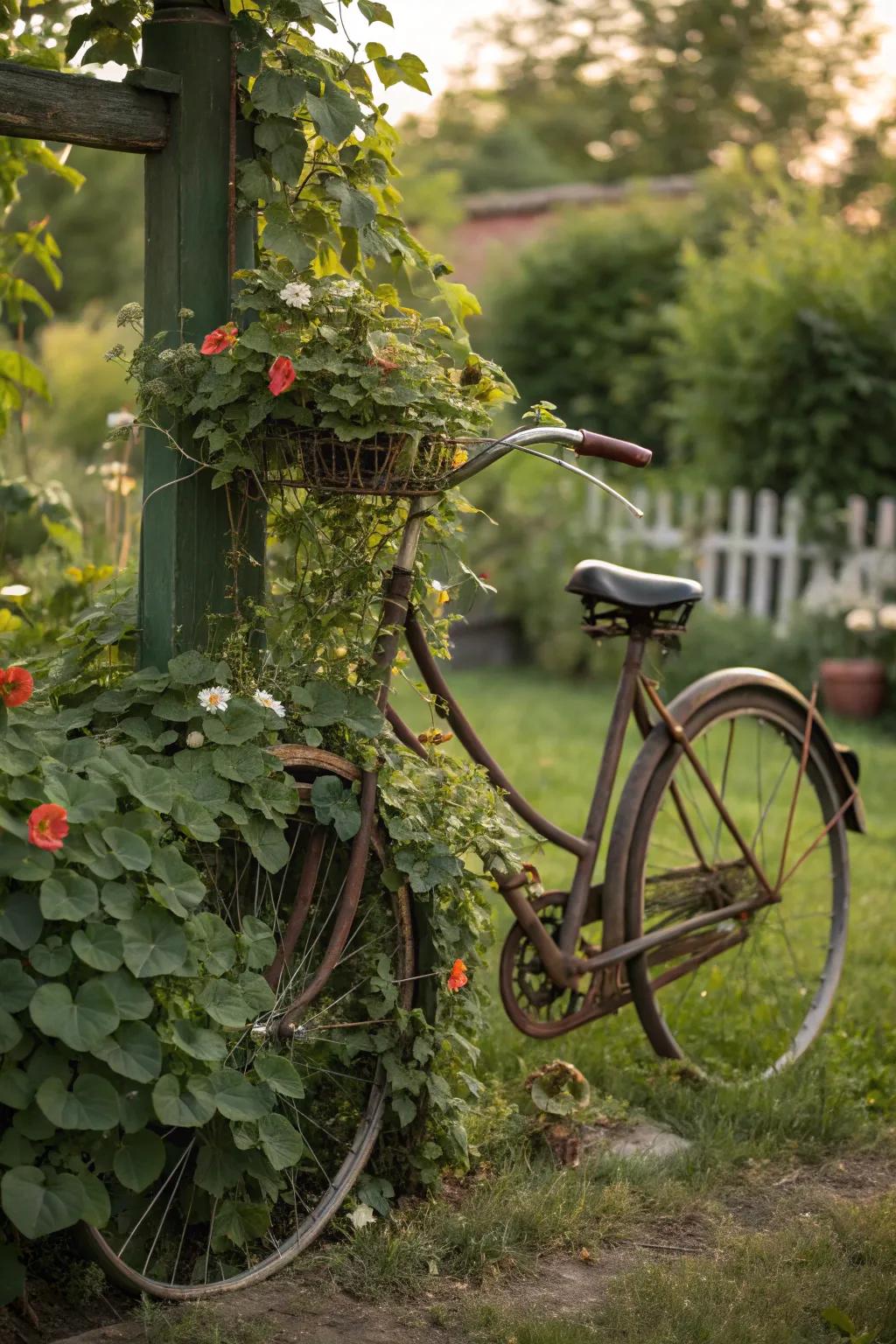 A bicycle trellis support for climbing plants.