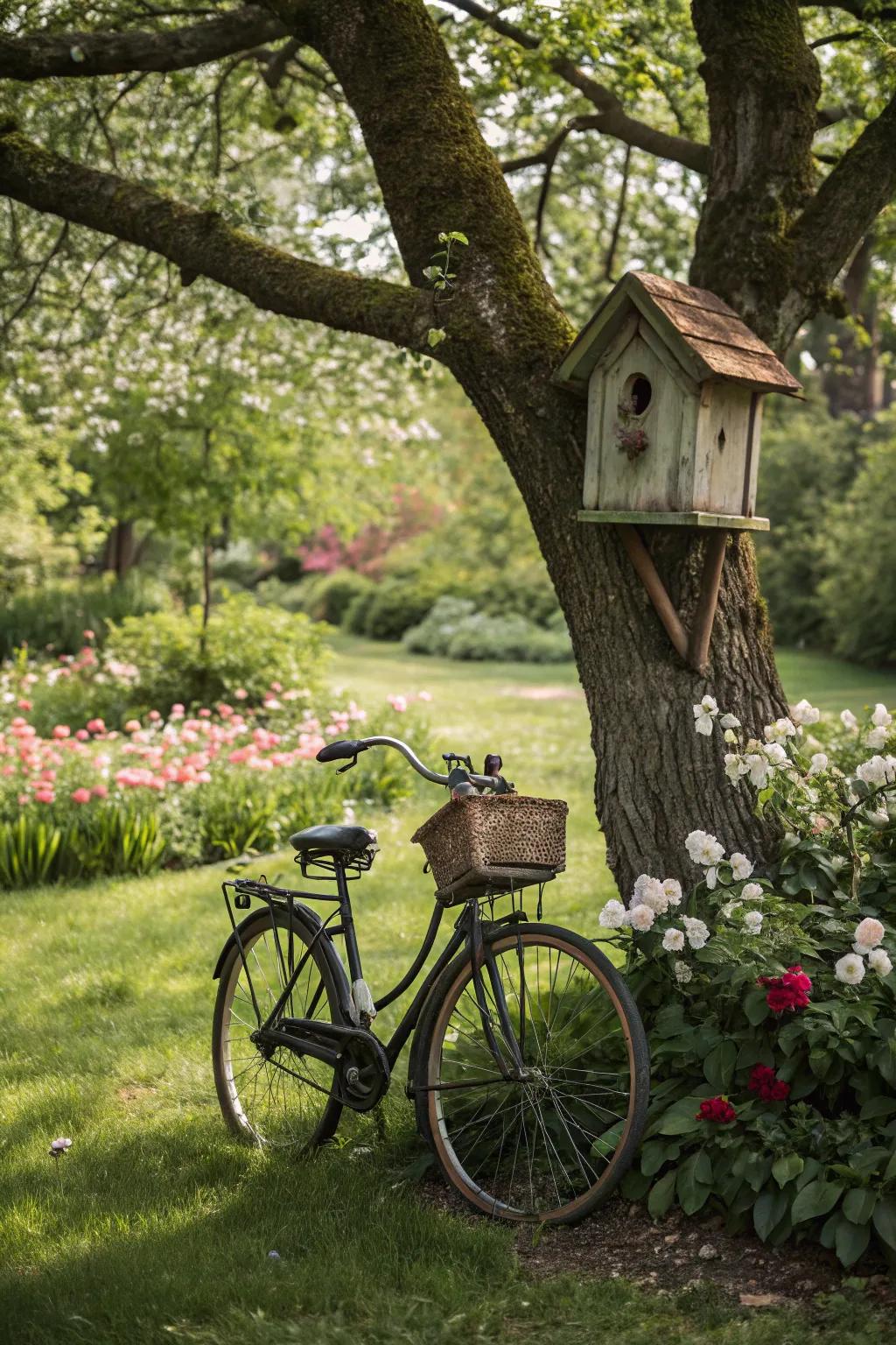 A birdhouse bicycle attracts feathered visitors.