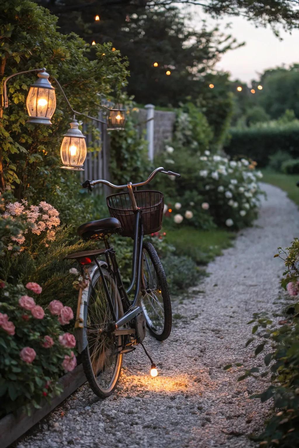A bicycle lantern holder lights up the garden path.
