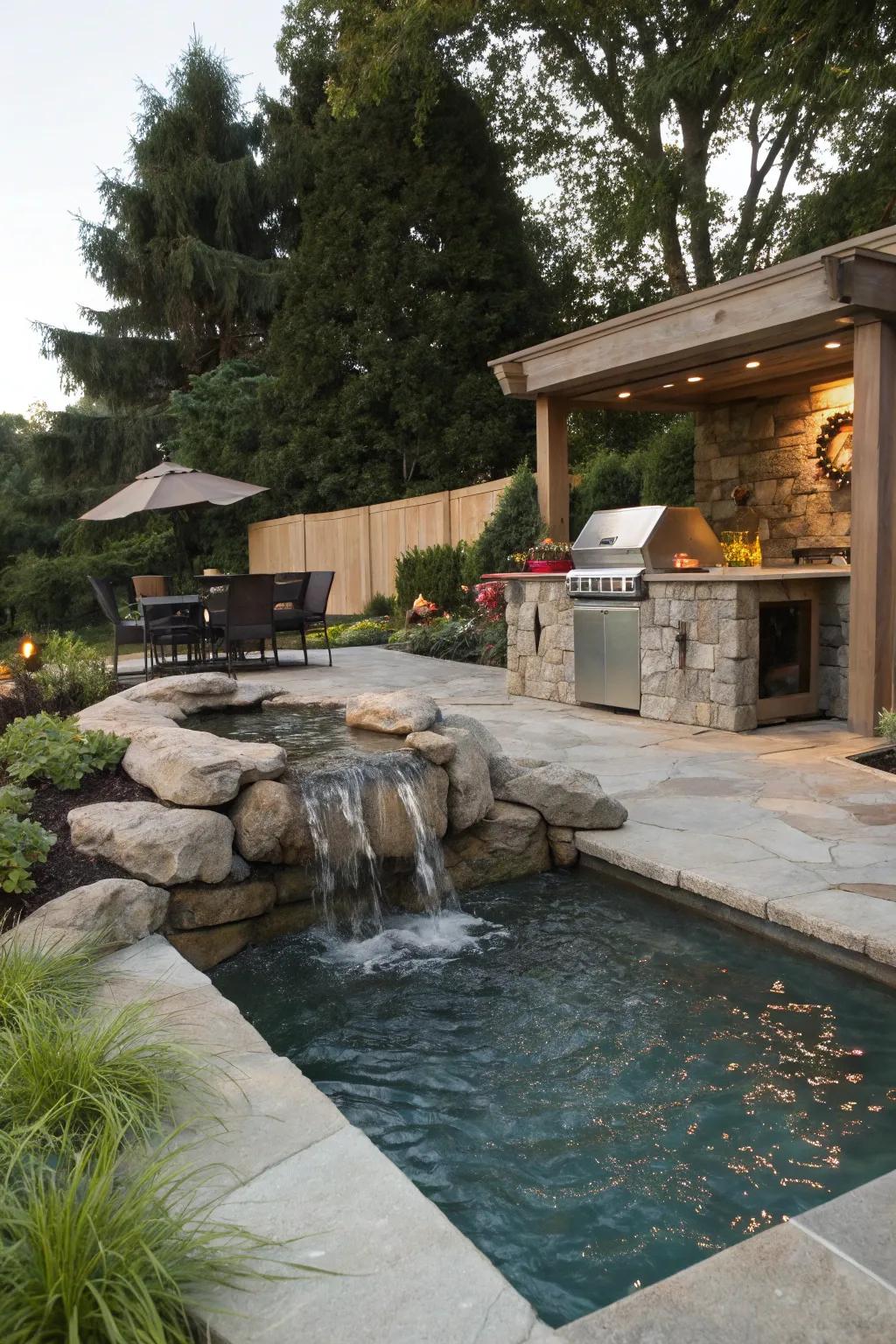 Tranquil waterfall enhances poolside serenity.