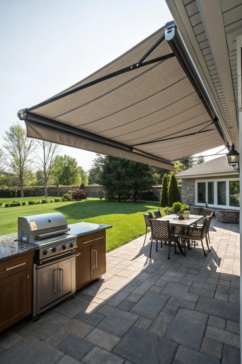 Flexible retractable awning providing shade.