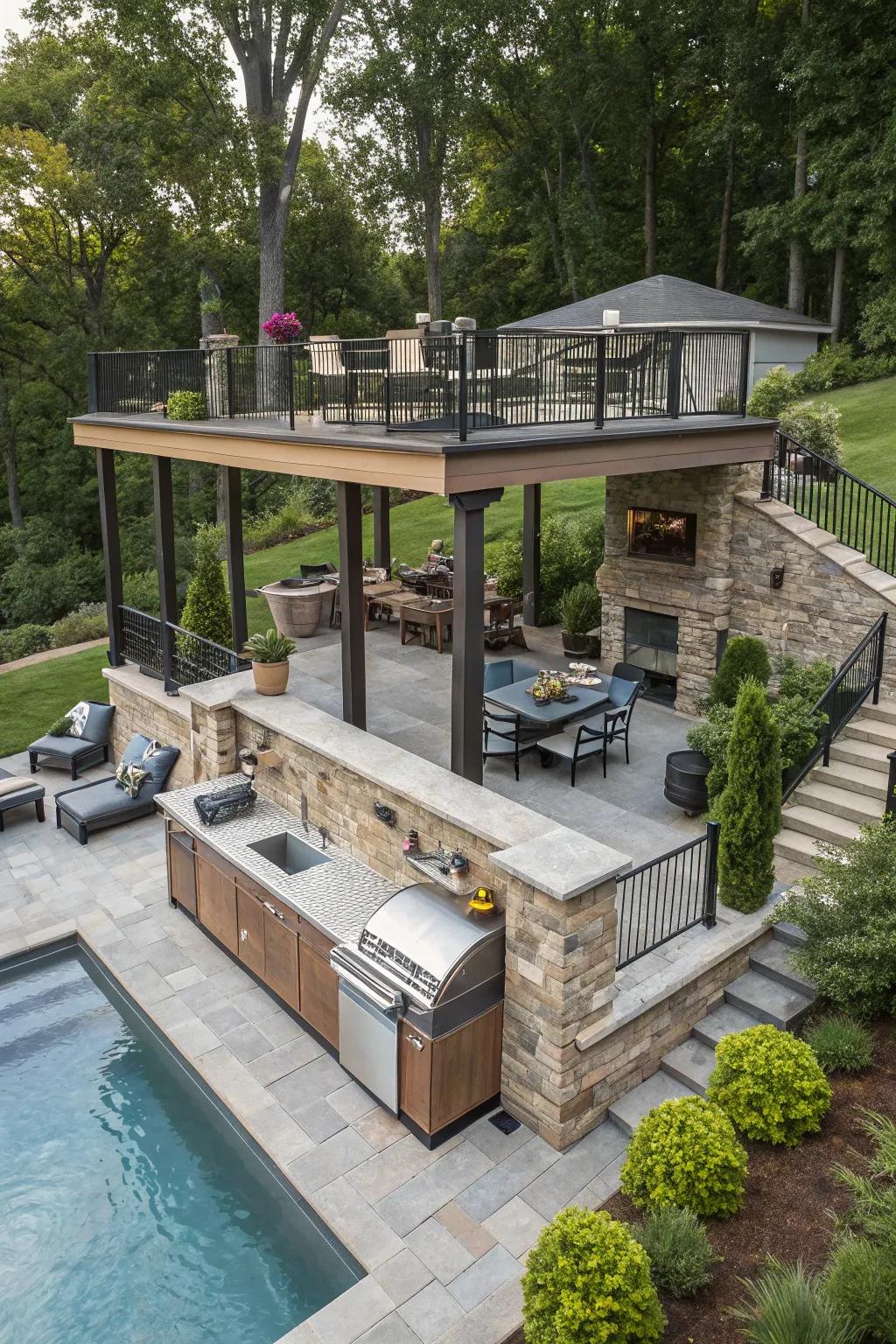 Terraced design adds complexity and charm to a small yard.