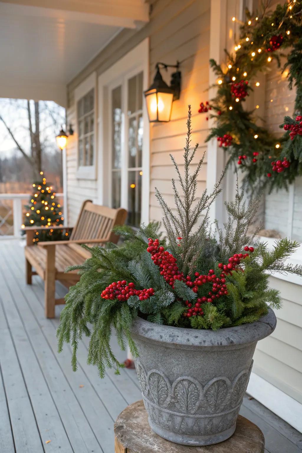 Winter planters add charm to any entryway.
