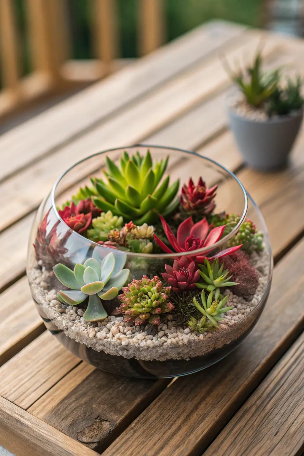 Succulent terrariums bring green life indoors.