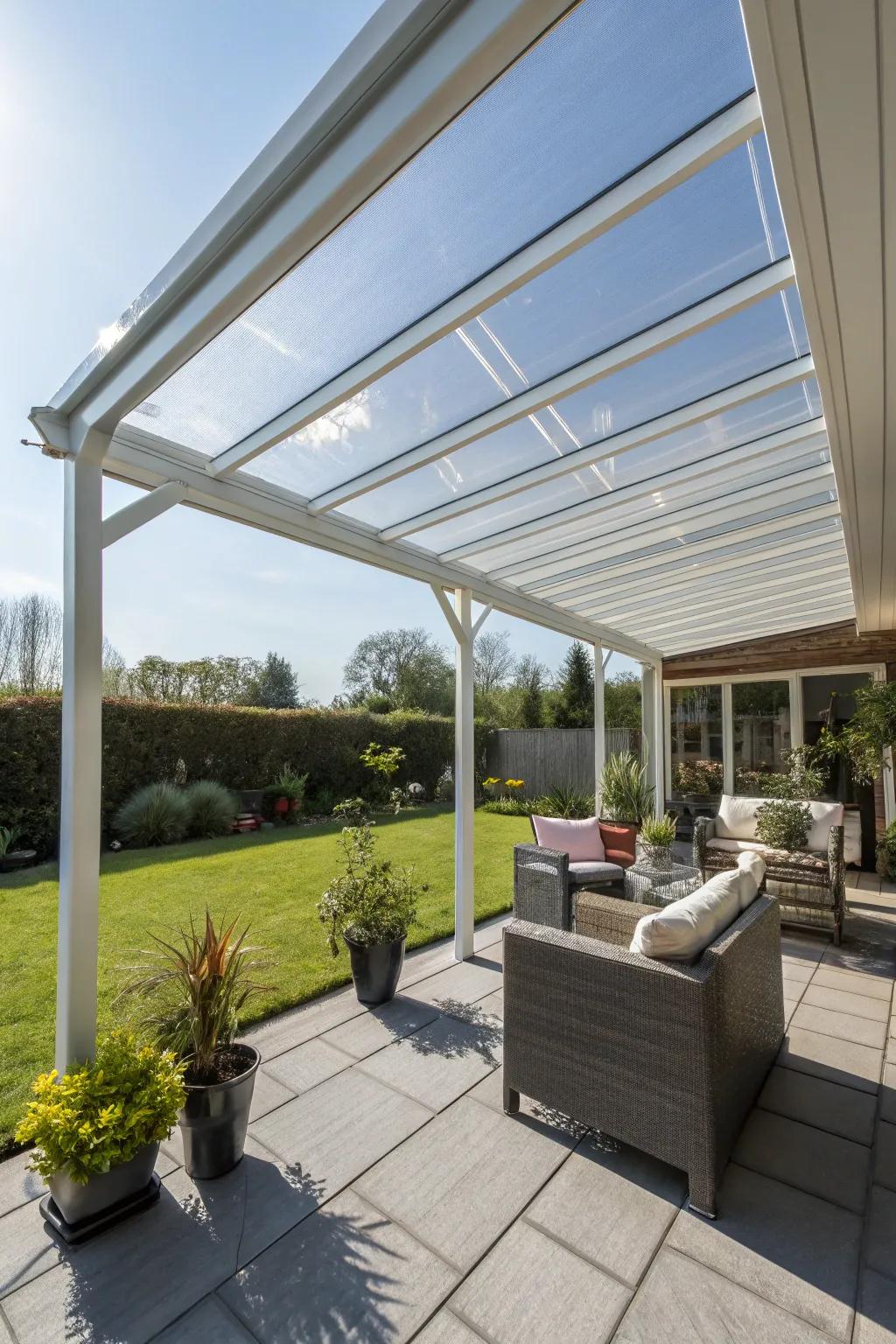 Clear polycarbonate panels provide modern shading solutions.