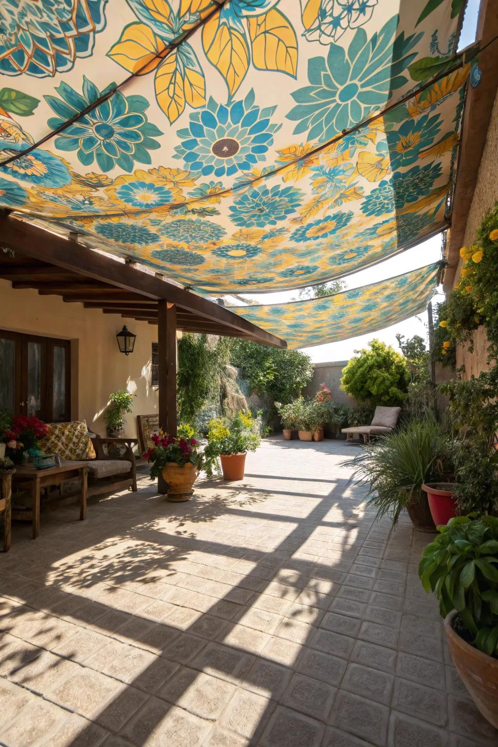 Brightly colored fabric canopy energizing the patio.
