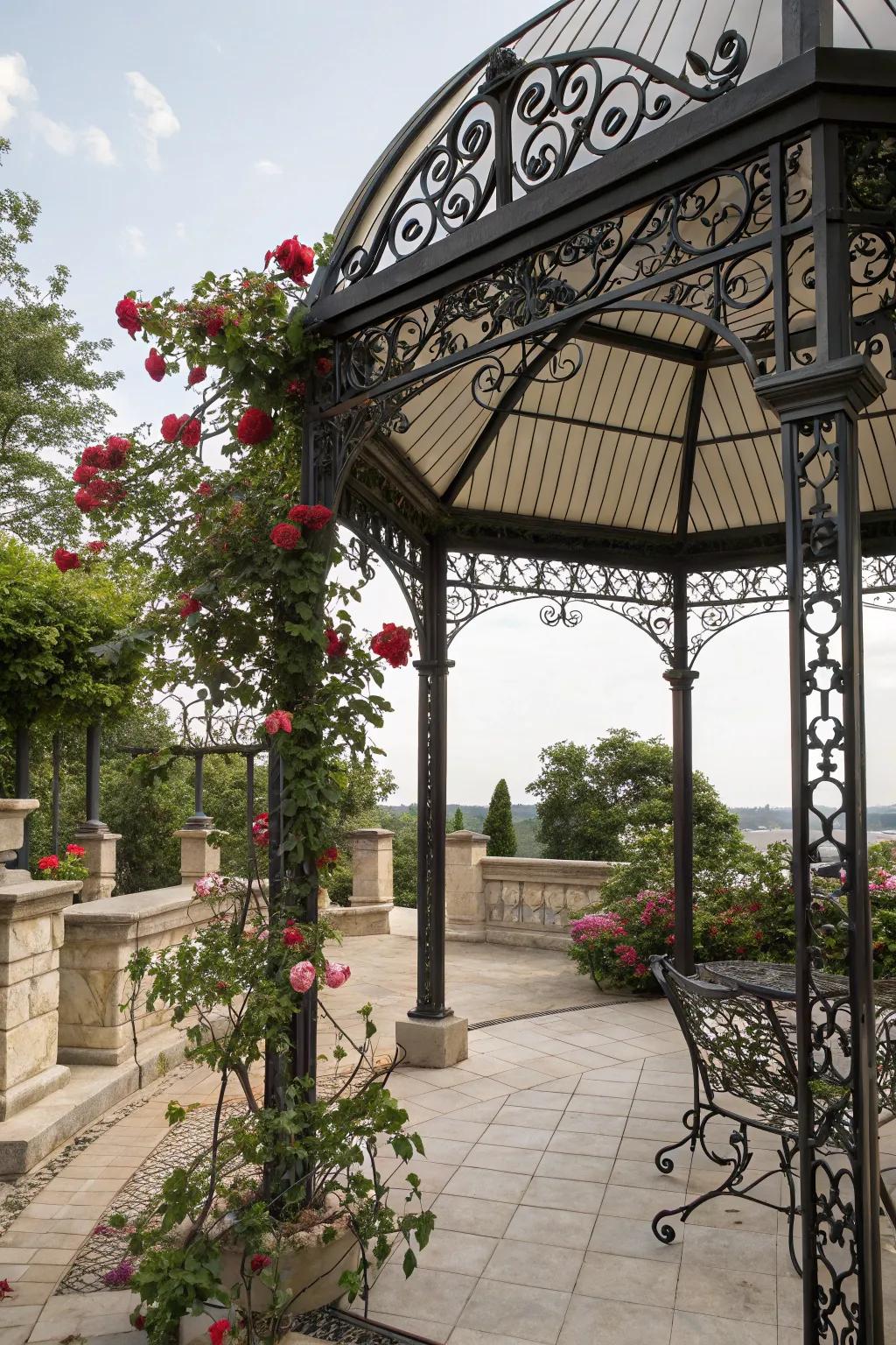 Intricately designed wrought iron canopy for outdoor elegance.
